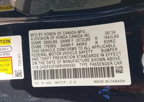 2024 Honda Civic Sport from USA, damaged, VIN 2HGFE2F5XRH595590